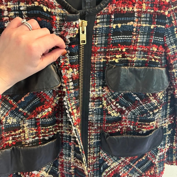 Smythe Boucle Leather-Detail Jacket Womens Size 6 Plaid Blazer Navy Career - Picture 6 of 10